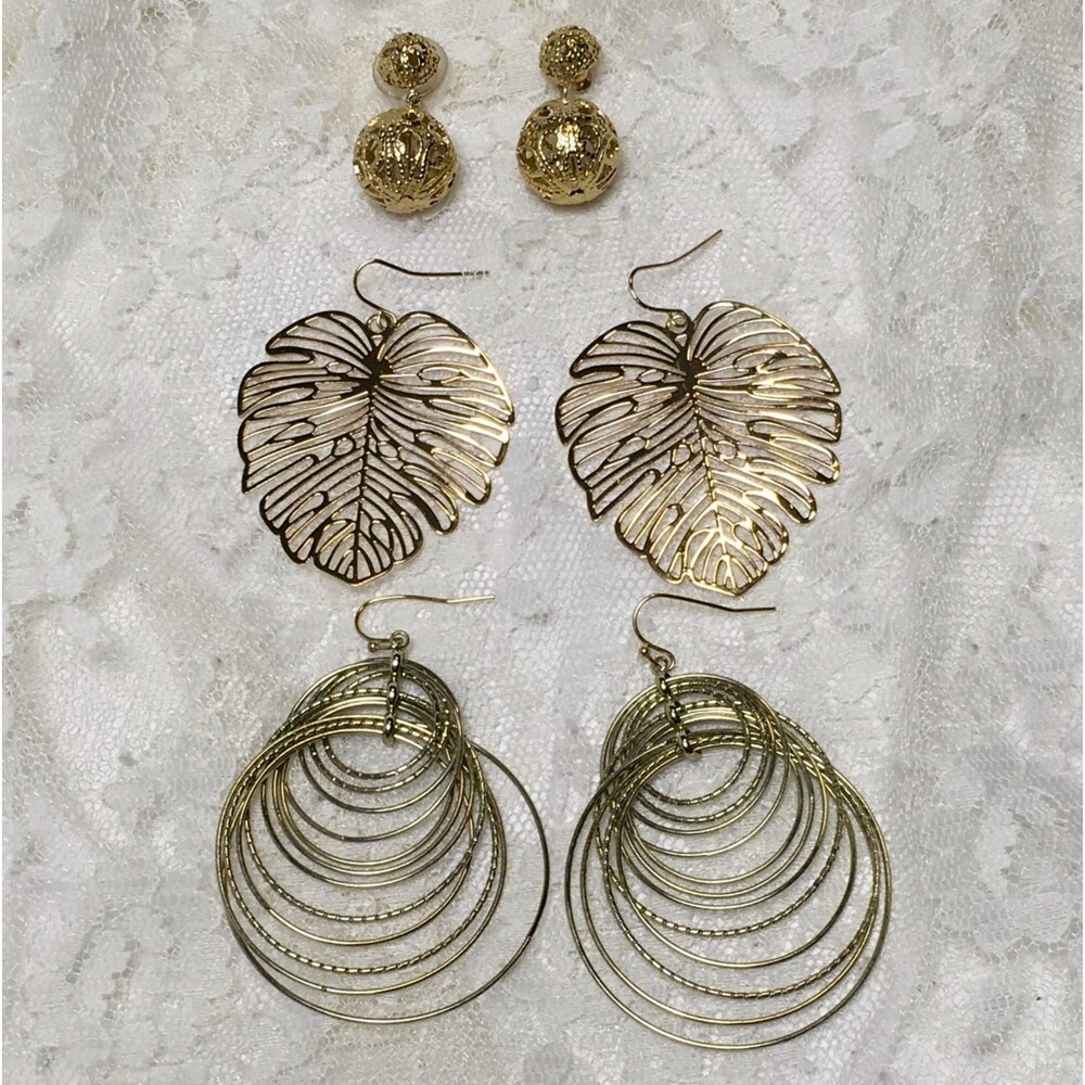 Statement Earring Lot Gold tone Open Leaf Dangly Boho Hoops Pierced Vtg Mod
